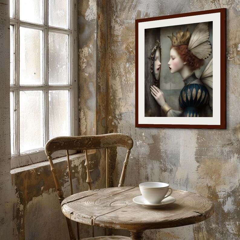 May include: A framed artwork depicts a woman with a crown and wings looking into a mirror. The artwork is in a dark brown frame and hangs on a textured wall. A wooden table with a teacup and saucer sits in front of a window.