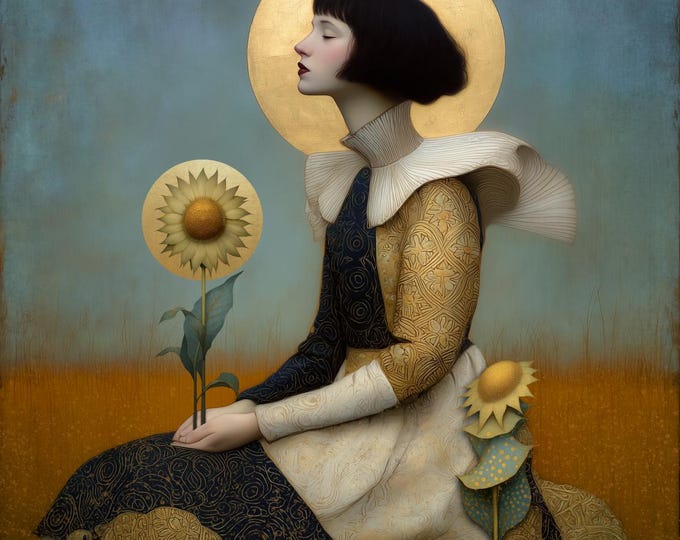 Signed ooak artist proof - Sunflower - whimsical boho eclectic art nouveau