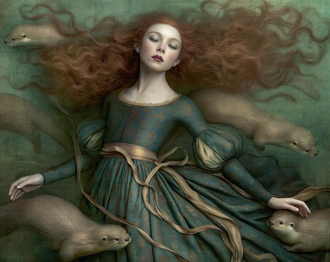 Signed ooak artist proof - Olivia and the Otters - preraphaelite storybook fantasy whimsical fairytale ocean giclee print