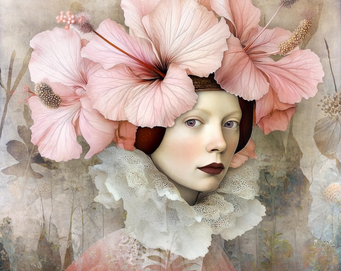 SIGNED NUMBERED PRINT - Hibiscus - Pink Hibiscus Art Vintage Portrait Wall Decor Classic Style  Floral Lace Collar Romantic Art Room Decor