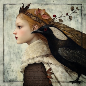 May include: A young woman with auburn hair wears a crown of leaves and a white dress. A black crow with red eyes sits on her shoulder. The crow's feathers are covered in handwritten text.