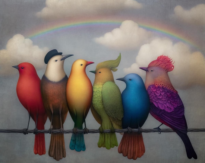 Signed ooak artist proof giclee print - Birds of a Feather - rainbow birds color art