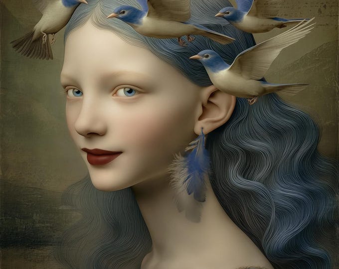 Signed gothic art - Bluebird Girl - surreal fantasy limited edition giclee