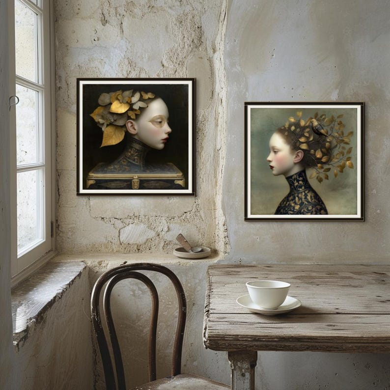 May include: Two framed art prints featuring portraits of women with elaborate leaf and floral headpieces. The portraits have a dark, moody aesthetic with a focus on the subjects' profiles. The artwork is displayed in a room with a rustic, vintage feel.