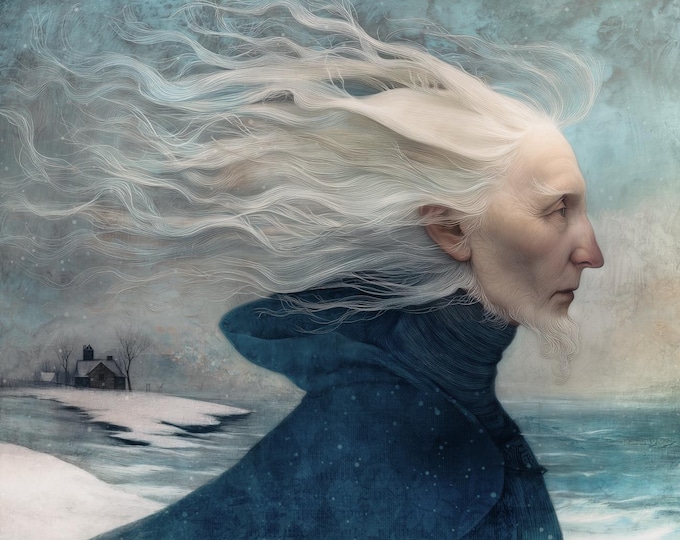 Signed ooak artist proof - Old Man Winter - snowy seasonal windy giclee print