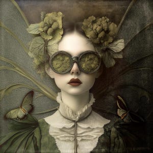 May include: A woman with a pale complexion wears large, round goggles with a mossy green lens. She has a floral crown made of green leaves and moss. She is wearing a green dress with a white lace collar. Two butterflies are on either side of her.