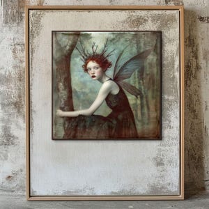 May include: A painting of a fairy with red hair and a crown of branches, wearing a dark dress and wings, sitting in a forest setting.