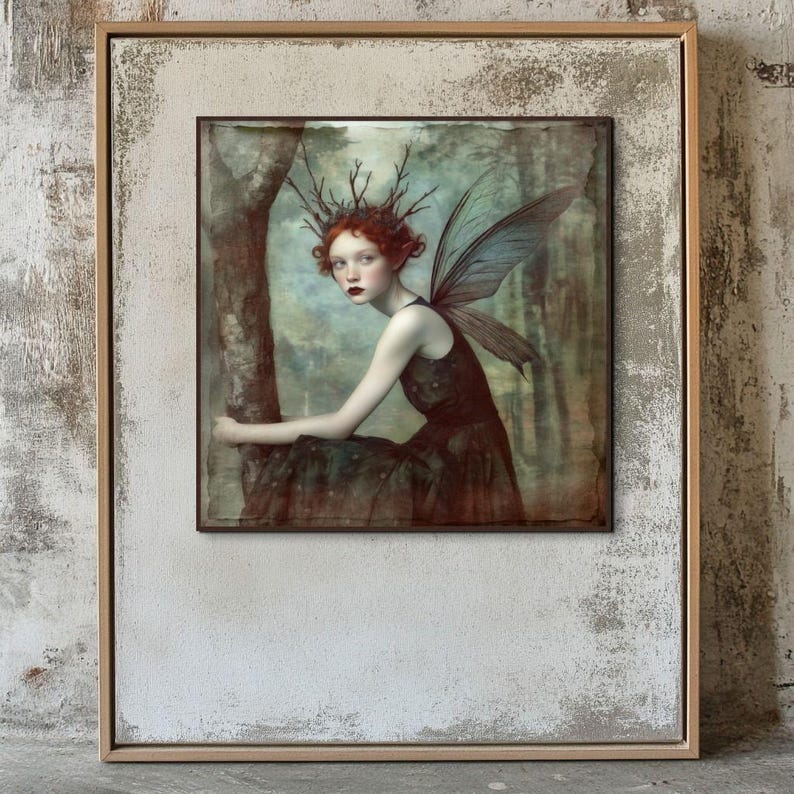 May include: A painting of a fairy with red hair and a crown of branches, wearing a dark dress and wings, sitting in a forest setting.