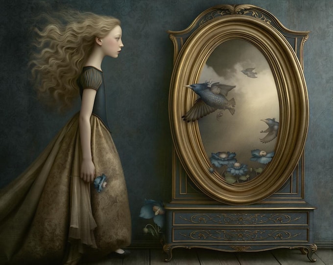 Signed ooak artist proof giclee print - Through the Looking Glass - Alice in Wonderland surreal mirror wall art