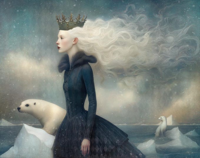Signed ooak artist proof - The Polar Queen - snowy seasonal windy giclee art