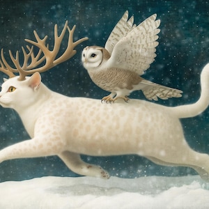 May include: A whimsical illustration depicts a white cat with deer antlers running through a snowy landscape. An owl with outstretched wings perches on the cat's back. The artwork has a dreamy, fairytale quality, with a dark blue background and falling snow.