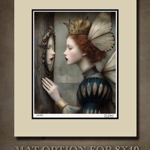 May include: An art print featuring a woman with butterfly wings and a gold crown, gazing at her reflection in an ornate mirror. The woman wears a blue and gold dress. The print is matted and framed.