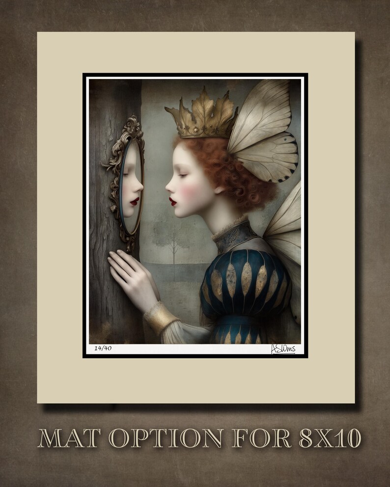 May include: An art print featuring a woman with butterfly wings and a gold crown, gazing at her reflection in an ornate mirror. The woman wears a blue and gold dress. The print is matted and framed.