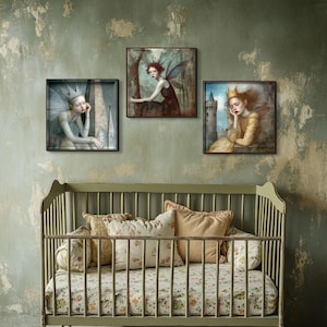 May include: Three framed illustrations of women with wings and crowns. The illustrations are in a vintage style and feature muted colors. The frames are all black and have a simple design.