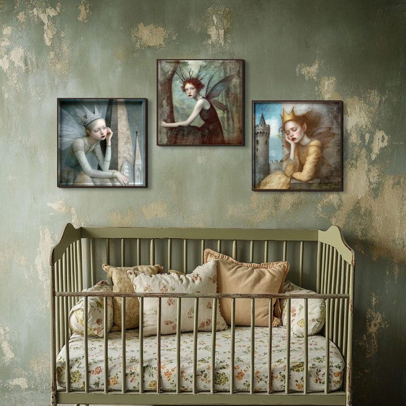May include: Three framed illustrations of women with wings and crowns. The illustrations are in a vintage style and feature muted colors. The frames are all black and have a simple design.