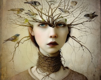 May include: A woman with a delicate face and blue eyes has a tree growing from her head. The branches of the tree are intertwined with her neck and form a collar. The branches are bare and have small birds perched on them.