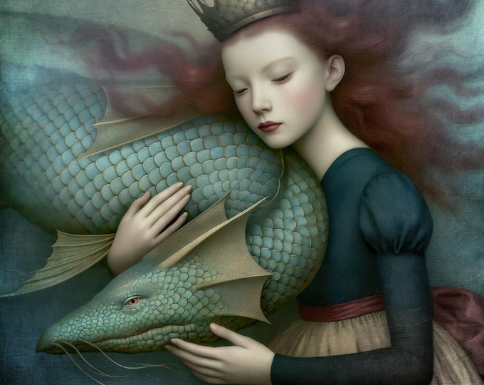 Signed mermaid art - The Deep - surreal fantasy dragon preraphaelite limited edition giclee
