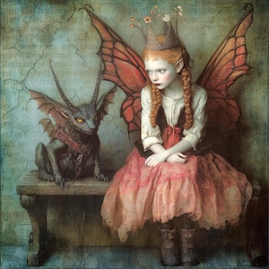 May include: A young girl with red hair and a crown sits on a wooden bench with a small, gray, winged creature. The girl is wearing a pink dress with lace trim and has large, red butterfly wings. The creature has large, yellow eyes and a pointed snout.