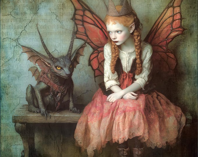 SIGNED NUMBERED PRINT - Ginger and the Gargoyle - limited edition, archival paper, Fairy Artwork Gothic Style