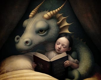LIMITED EDITION signed art - Bedtime - dragon boy reading wall art whimsical fairytale