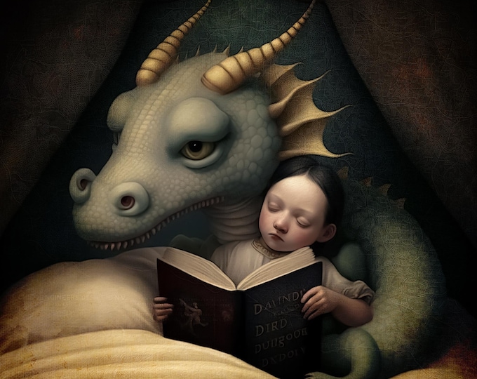 LIMITED EDITION signed art - Bedtime - dragon boy reading wall art whimsical fairytale