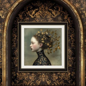 May include: A framed artwork featuring a woman in profile with a bird perched on her head. The woman's hair is adorned with golden leaves. She wears a dark blue and gold patterned dress. The artwork is displayed in a decorative alcove with ornate wallpaper.
