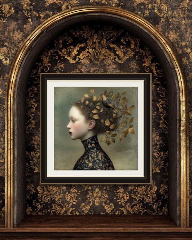 May include: A framed artwork featuring a woman in profile with a bird perched on her head. The woman's hair is adorned with golden leaves. She wears a dark blue and gold patterned dress. The artwork is displayed in a decorative alcove with ornate wallpaper.