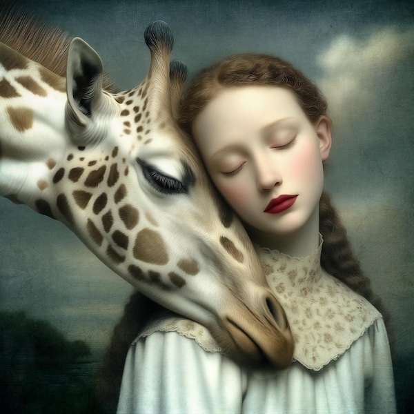 Signed limited edition giclee print - Les Ami - giraffe wildlife animal surreal portrait art