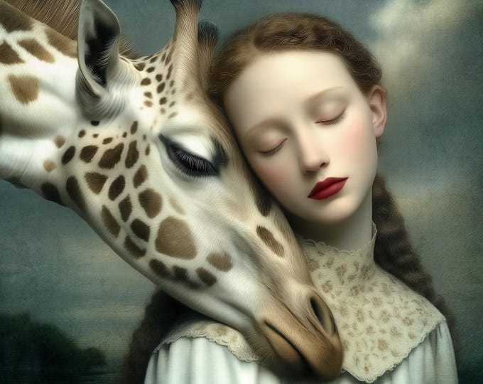 Signed ooak artist's proof print - Les Ami - giraffe wildlife animal surreal portrait art