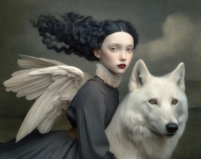 Signed ooak artist proof - Agatha and the Wolf - gothic - winter - archival paper