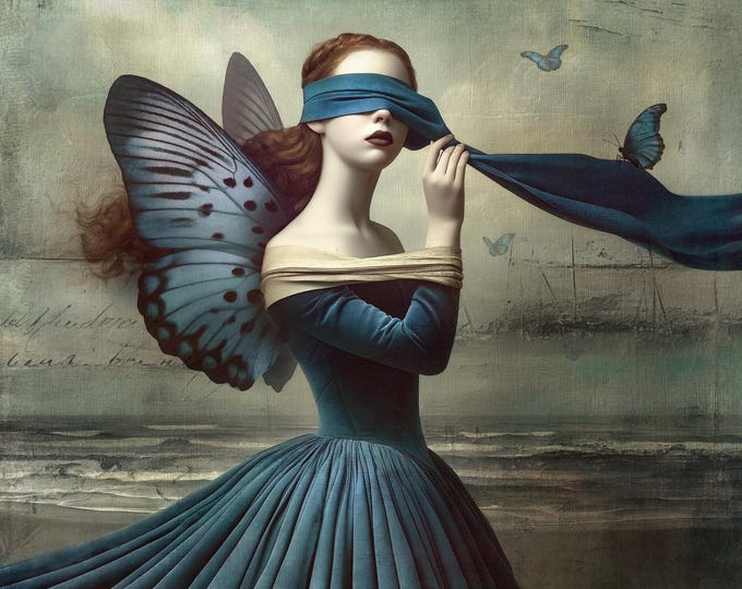SIGNED NUMBERED GICLEE art print - The Blue Blindfold - surreal art renaissance art portrait art