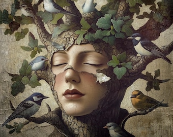 May include: A woman's face is partially obscured by a tree trunk, with leaves and branches growing from her head.  Several small birds are perched on the branches, including bluebirds, a yellow bird, and a brown bird.