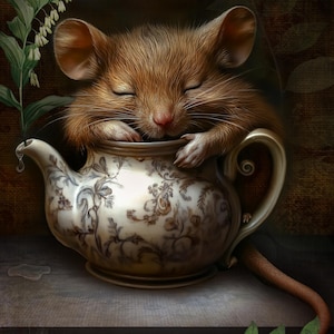 Peut inclure: Illustration fantaisiste d'une souris endormie dans une théière décorative. La théière présente un motif floral marron et blanc. La souris, de couleur marron clair, a les yeux fermés. Des feuilles vertes et des fleurs ornent l'arrière-plan.