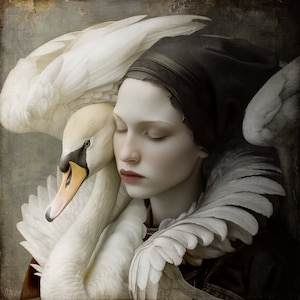 May include: A woman with a dark gray hood and a white swan draped around her shoulders. The swan's head is resting on the woman's shoulder. The woman has her eyes closed and a soft expression on her face.