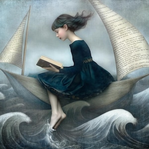 May include: An artistic illustration depicts a young person in a dark blue dress reading a book while seated in a boat made of paper. The boat sails on a stormy sea with large waves. The sails are made of pages of text.