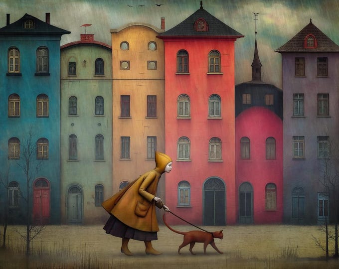 Signed ooak artist proof giclee print - April - cat raincoat rainbow houses whimsical surreal art