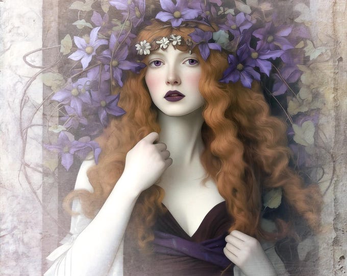 SIGNED NUMBERED GICLEE print Fantasy Portrait Auburn Hair Fairy Crown Mythical Botanical Premium Giclee Print Ethereal Style Dream Art