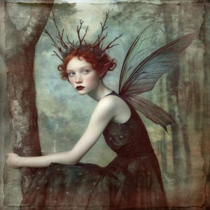 May include: A fairy with red hair and a crown of branches sits on a tree branch. She wears a dark green dress and has large, blue wings.