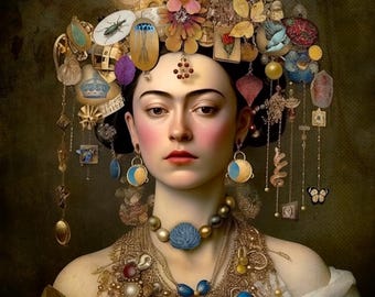 May include: A woman with dark hair and a neutral expression wears a gold and blue necklace and earrings. Her head is adorned with a crown of flowers, leaves, and other decorative elements.