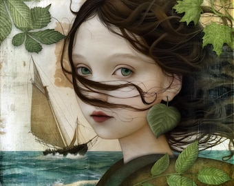 Puede incluir: Retrato artístico de una persona joven con ojos verdes y cabello castaño oscuro, con un pendiente de hoja. Un velero está en el océano en el fondo, con hojas verdes y vides que enmarcan el retrato. La paleta de colores incluye verdes, marrones y azules.