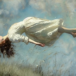 May include: A woman in a white dress floats in the air above a field of tall grass. The sky is a soft blue with white clouds. The woman's hair is long and brown, and her eyes are closed. She appears to be asleep or in a dreamlike state.