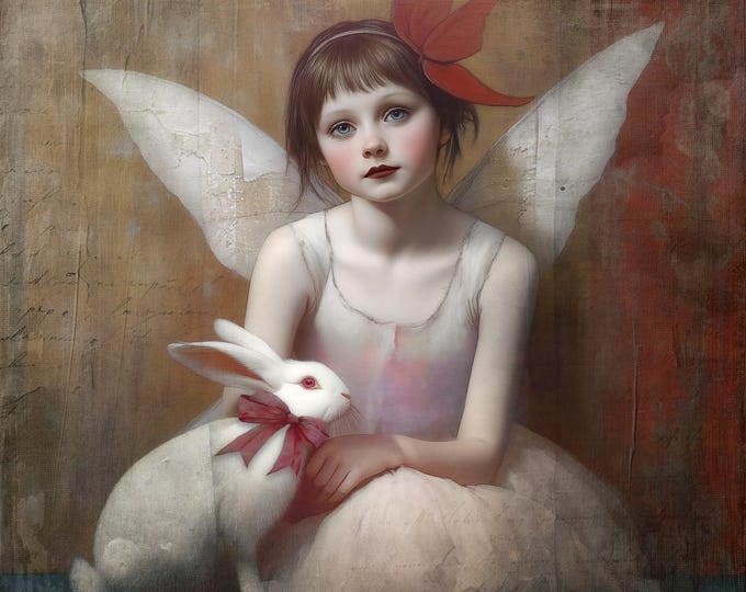 SIGNED GICLEE ART print - Celeste and the Rabbit - chateau core art, cottage core art, French cottage art, rabbit wall art, fairy wall art