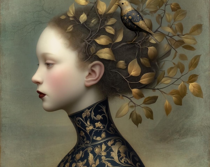 The Golden Bird - signed limited edition print - gothic art botanical art - archival paper giclee ink