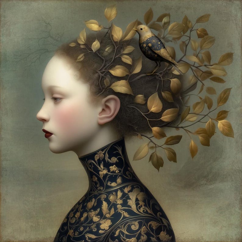 May include: A profile portrait of a person with fair skin, dark red lips, and a dark blue and gold patterned collar. The person's hair is adorned with golden leaves and a small bird with a patterned wing.