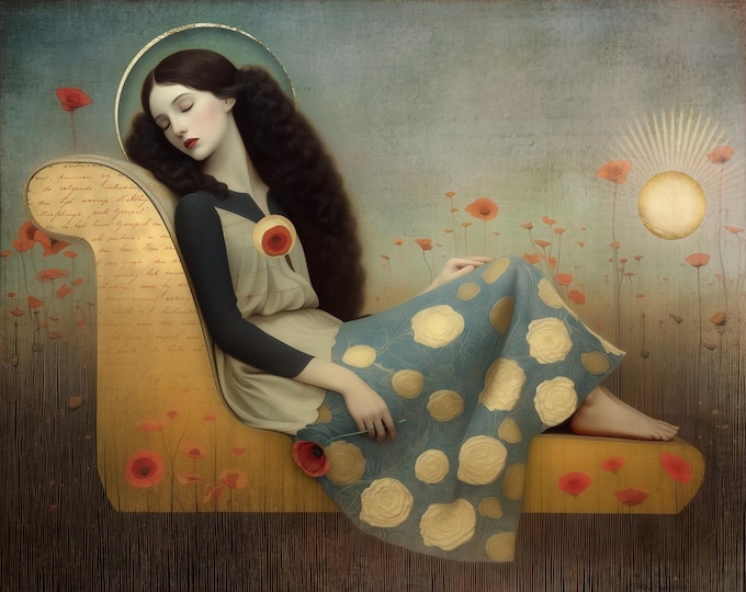 Signed ooak artist proof - Poppies - golden botanical giclee art