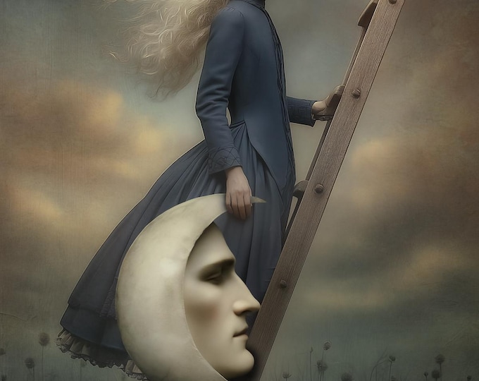 Signed gothic art - Hanging the Moon - moon celestial fantasy limited edition giclee