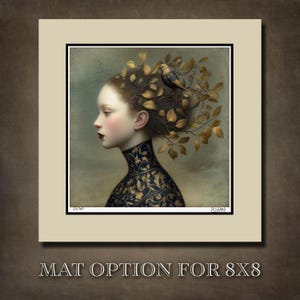May include: An artistic print featuring a woman in profile with a bird perched on a branch of golden leaves. The woman has pale skin, red lips, and wears a black and gold patterned garment. The artwork is framed with a mat.