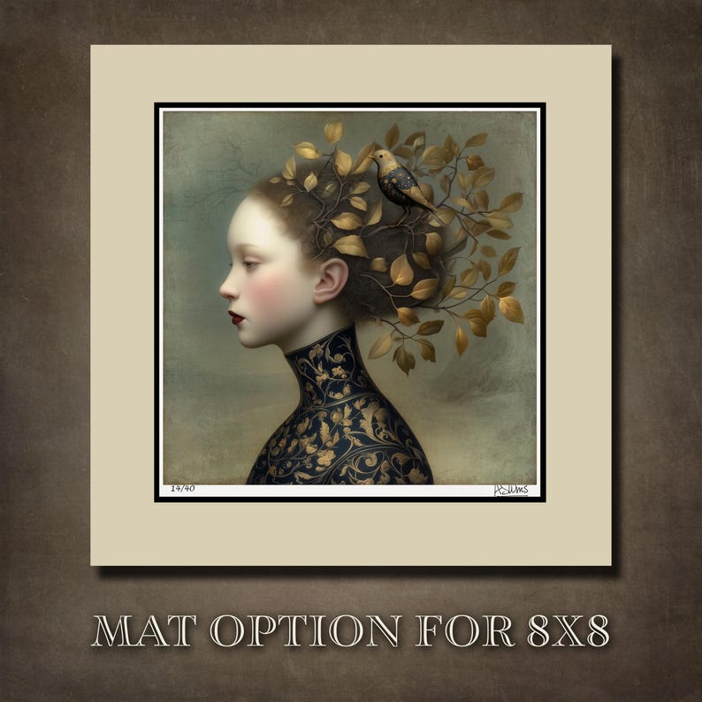 May include: An artistic print featuring a woman in profile with a bird perched on a branch of golden leaves. The woman has pale skin, red lips, and wears a black and gold patterned garment. The artwork is framed with a mat.