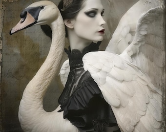 May include: A woman with dark hair and dramatic eye makeup is transformed into a swan. She wears a black lace dress and a crown of feathers. The swan's wings are spread out behind her.