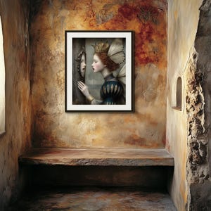 May include: Framed artwork depicting a woman in a crown and wings looking into a mirror. The woman wears a blue and gold dress. The artwork is displayed on a textured, aged wall with a stone shelf below.